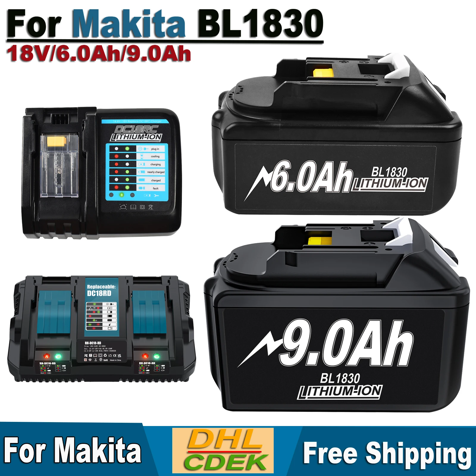 For Makita Battery 18V 9.0Ah/6.0Ah Rechargeable Battery For Makita BL1830 BL1815 BL1860 Replacement Battery Power Tool Battries