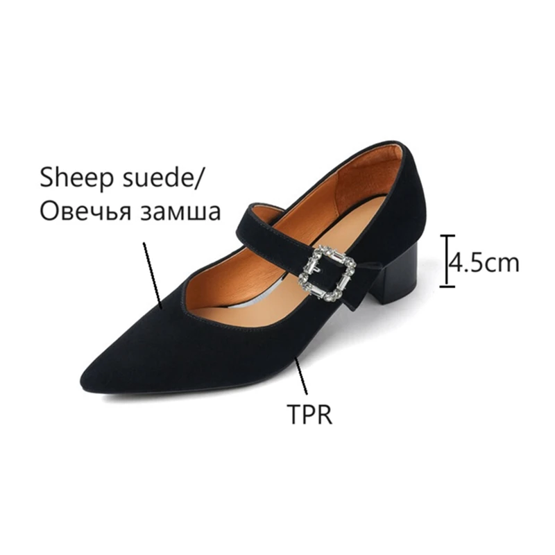 NEW Autumn/Spring Women Pumps Sheep Suede Leather Shoes for Women Pointed Toe Chunky Heel Shoes Retro Belt Buckle Mary Janes