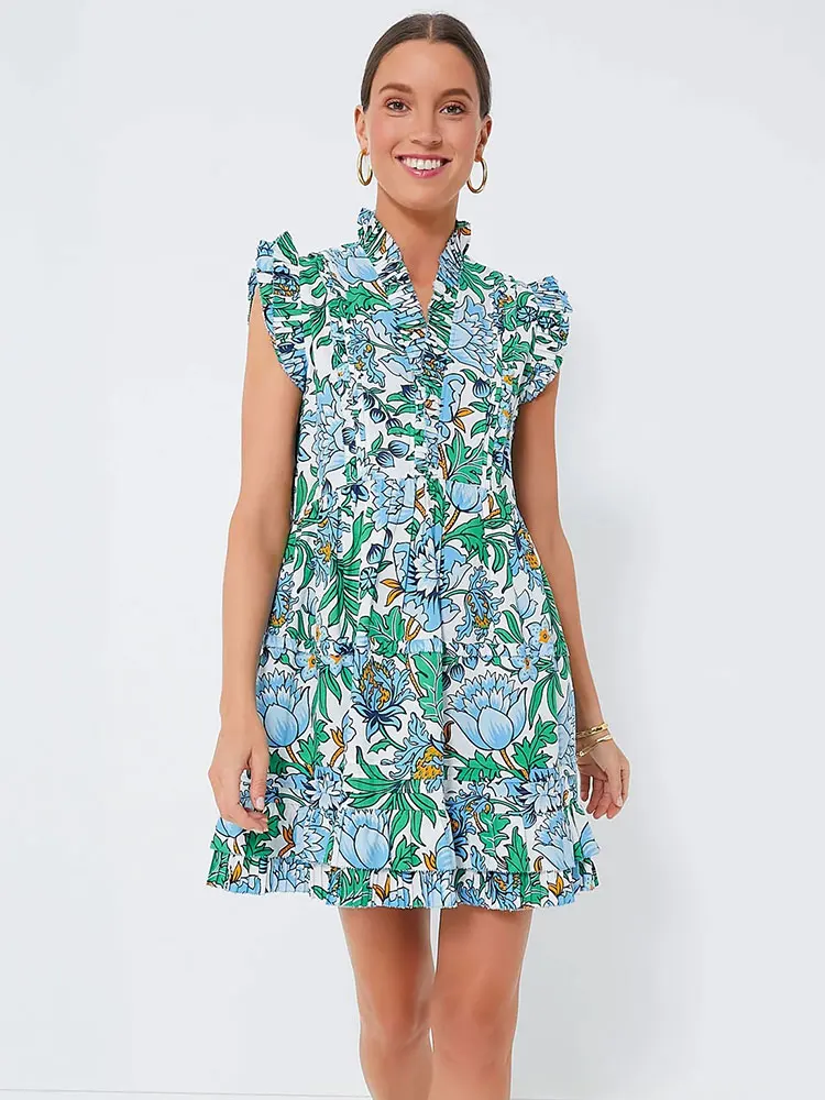 

Vintage Green Floral Dresses Women V-Neck Dresses Ruffles Mini Dress Vestidos