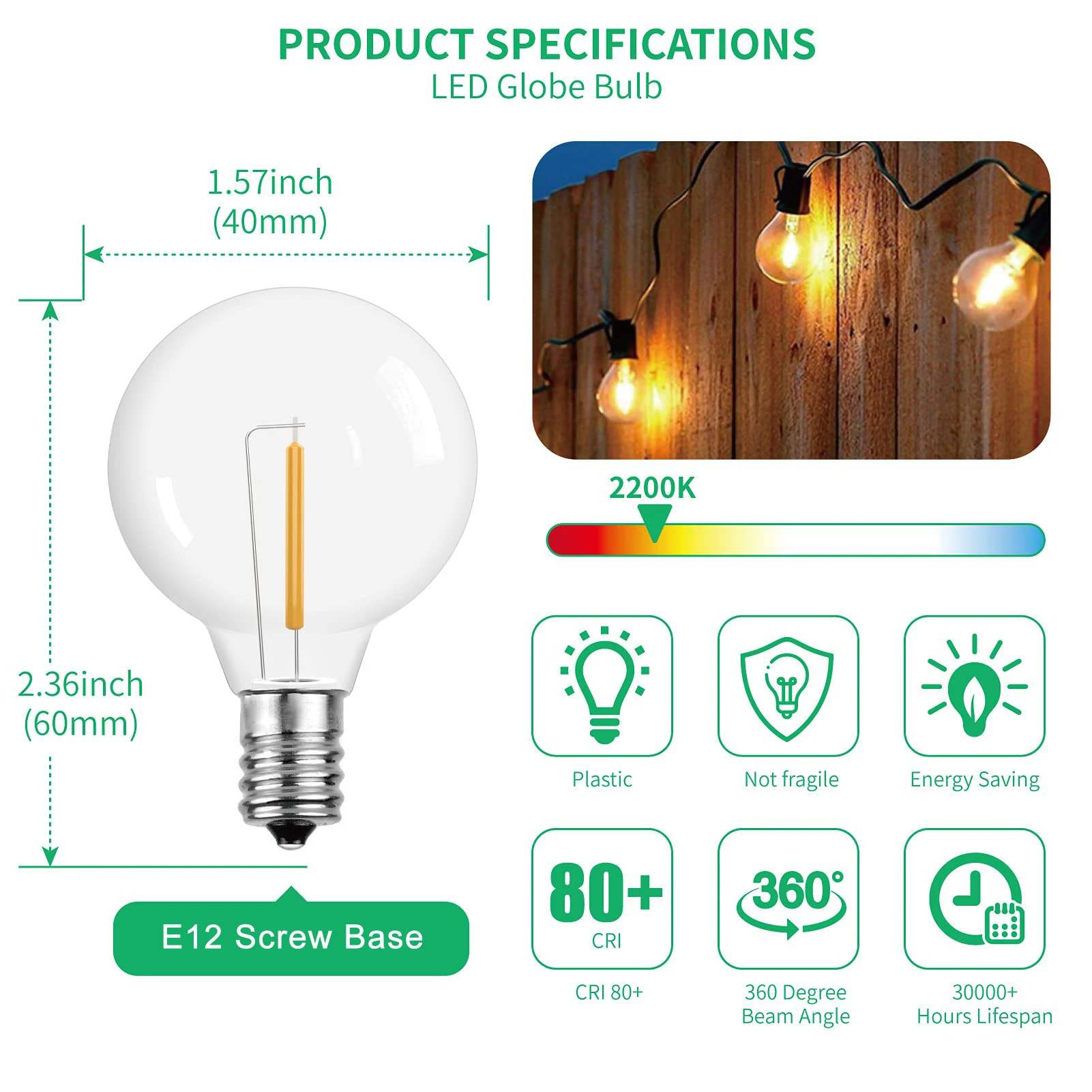 GANRILAND G40 1W PET LED Replacement Light Bulbs E12 Screw Base Plastic Shatterproof LED Globe Bulbs For Outdoor String Lights