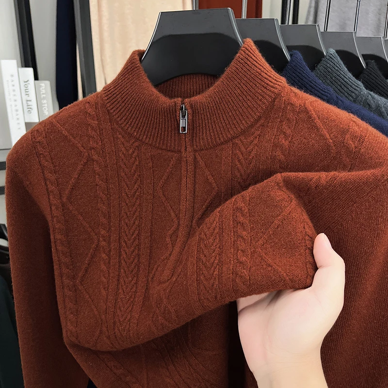 

Real 100% Sheep Wool Jumper Men 2025 Autumn Winter Trendy Plaid Zipper Sweater Male Cashmere Wool Warm Clothes Pullover Tops