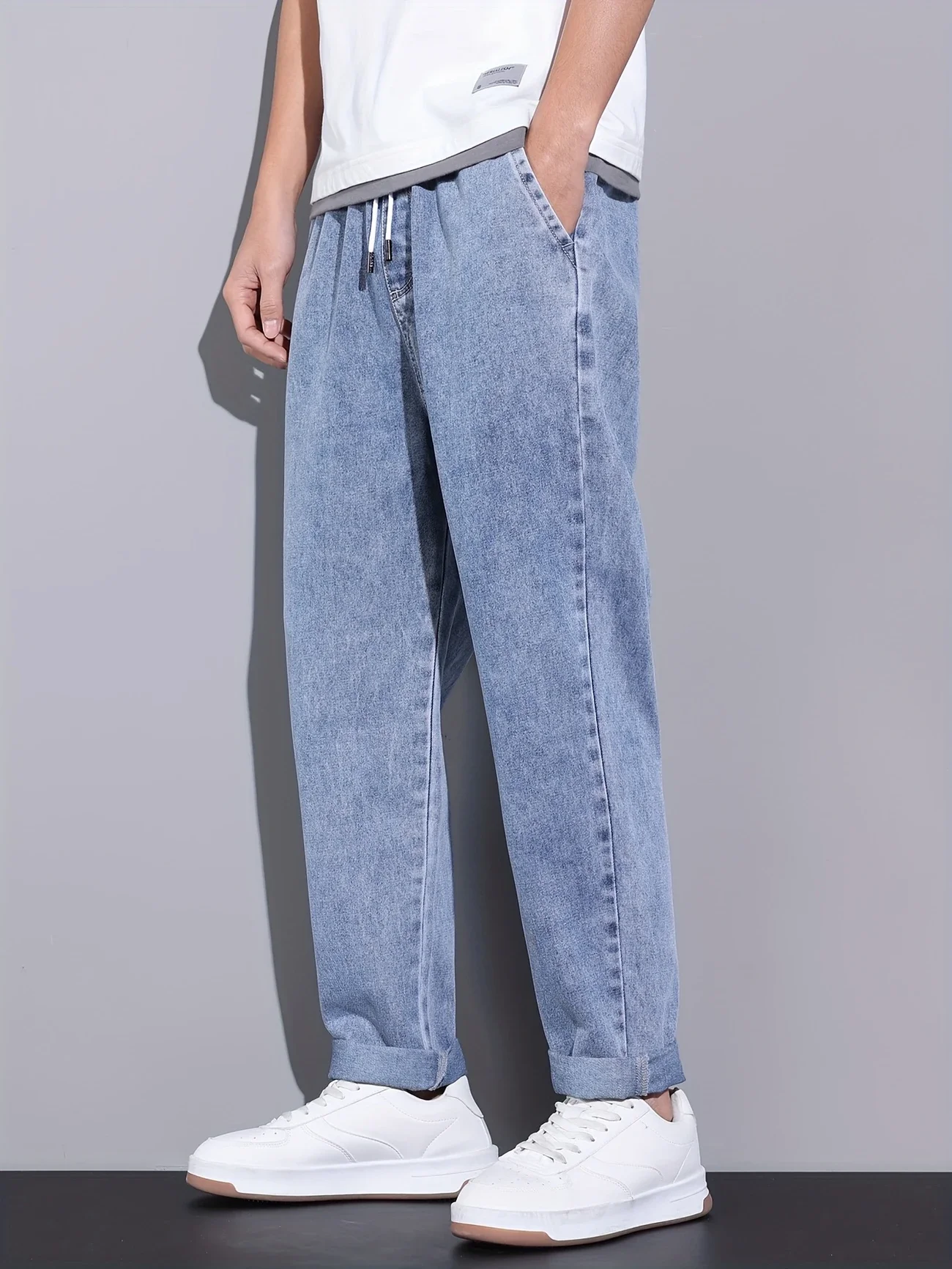 

Мужские прямые джинсы с регулируемым поясом на шнурке, из дышащей и мягкой ткани, свободного повседневного кроя.