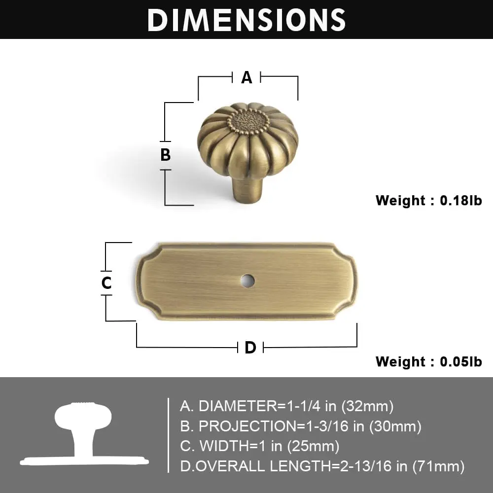 Solid Brass Cabinet Knob with Backplate, Antique Brass Vintage Pumpkin Handle Drawer Pull for Kitchen Cupboard and Dressers, 6 Pack