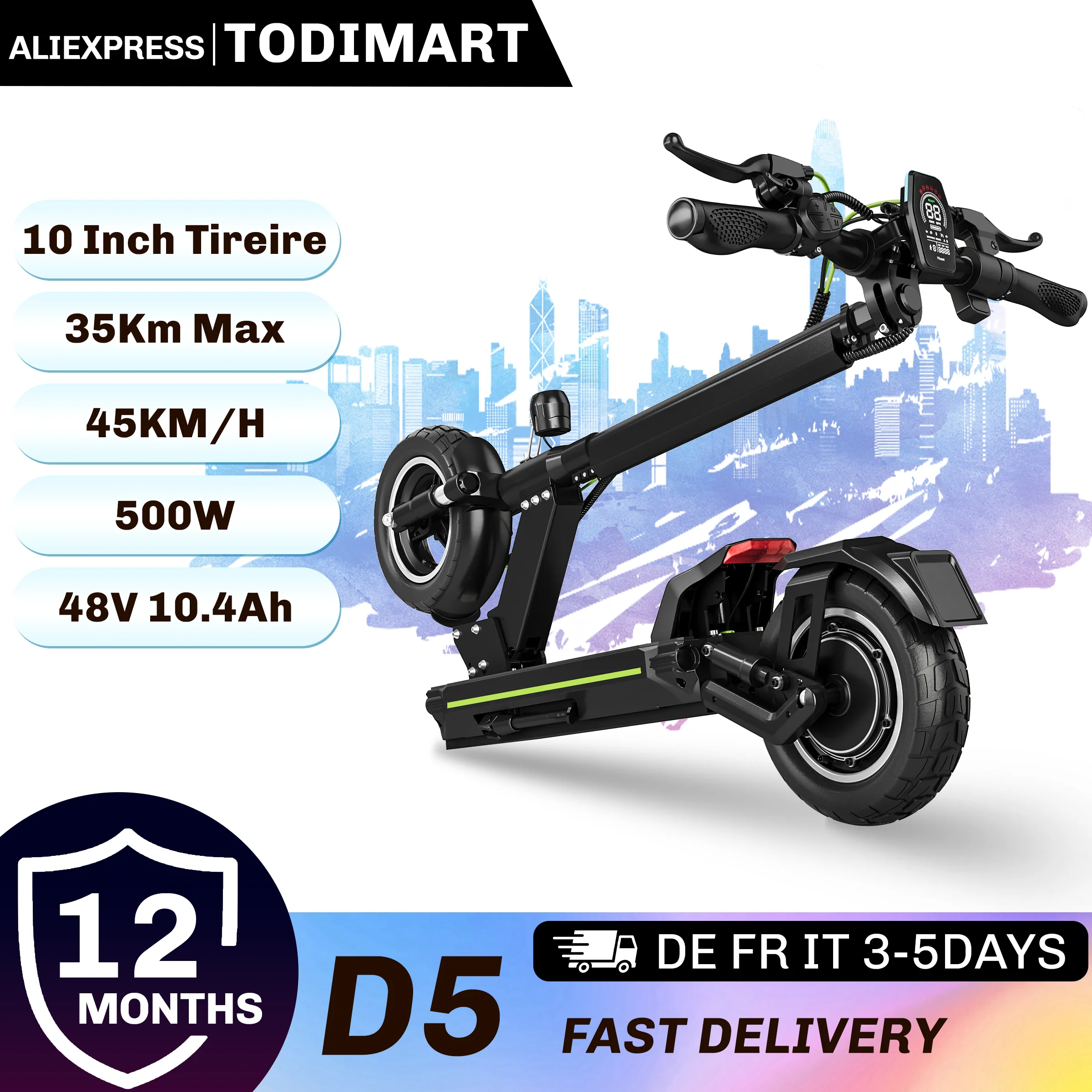 TODIMART 500W Electric Scooter Adult Foldable Escooter 48V18AH Battery 10 Inch off-road tire E-Mountain Scooter