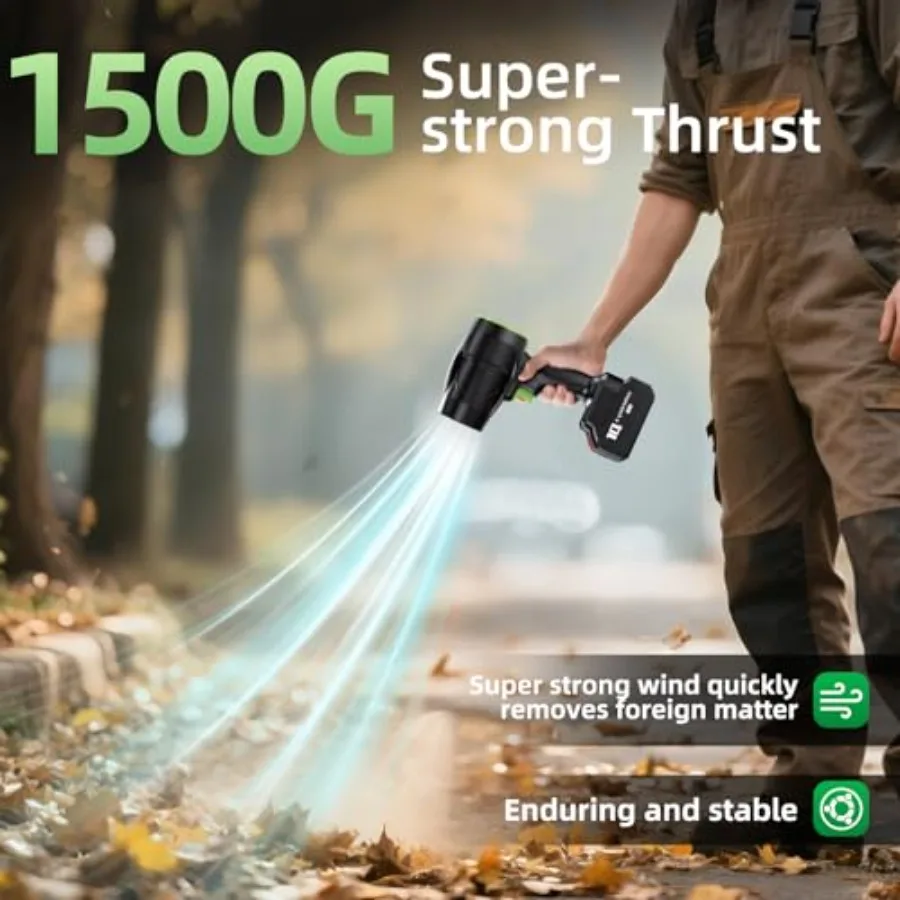 منفاخ أوراق شجر كهربائي لاسلكي مع محرك عالي السرعة 150000 دورة في الدقيقة لتنظيف الفناء والعناية بالعشب يتضمن 2 × 1.5 أمبير في الساعة