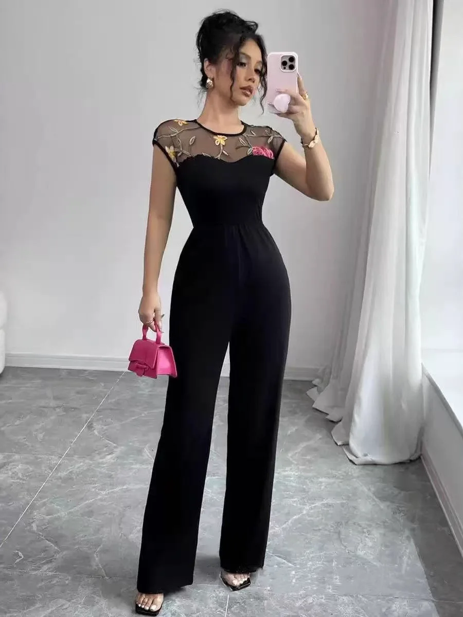 

Elegant Lace Splice Elastic Waist High Waist Slim Fit Jumpsuit Women's Street Style Long Pants Polyester Fiber