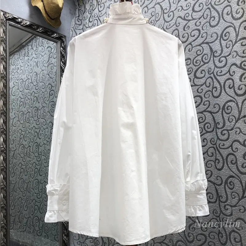 Camisa con volantes y cuentas de diamantes de imitación para mujer, Blusa de algodón de manga larga farol, Top holgado blanco, 2023