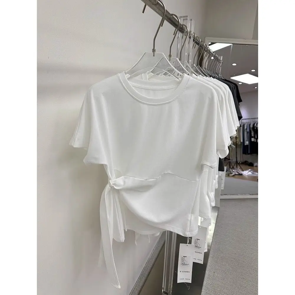 

Modal Commuter Sle T-irt round Ne ort Sve Slim Fit Pure Color Tie Design Summer New Women's Top Moisture ng