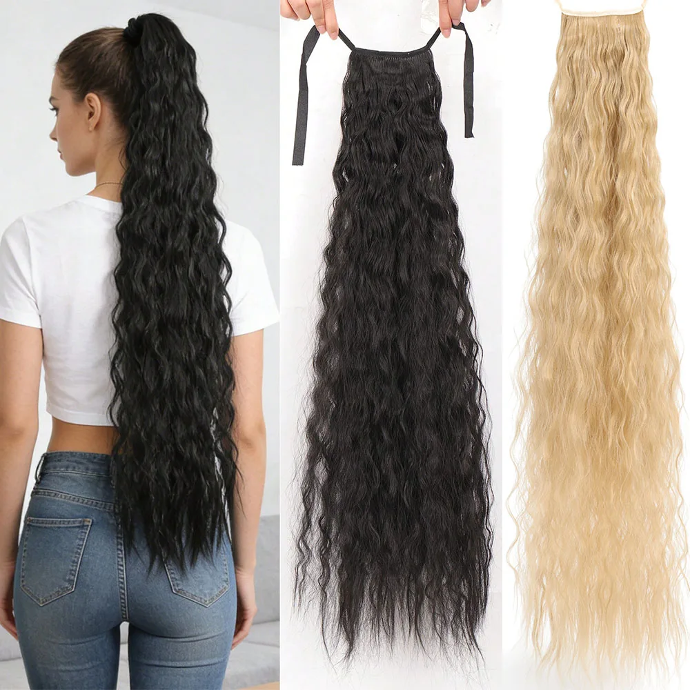 

32-дюймовый черный синтетический парик-хвост с эффектом водной волны для женщин - термостойкое синтетическое волокно в стиле Body Wave