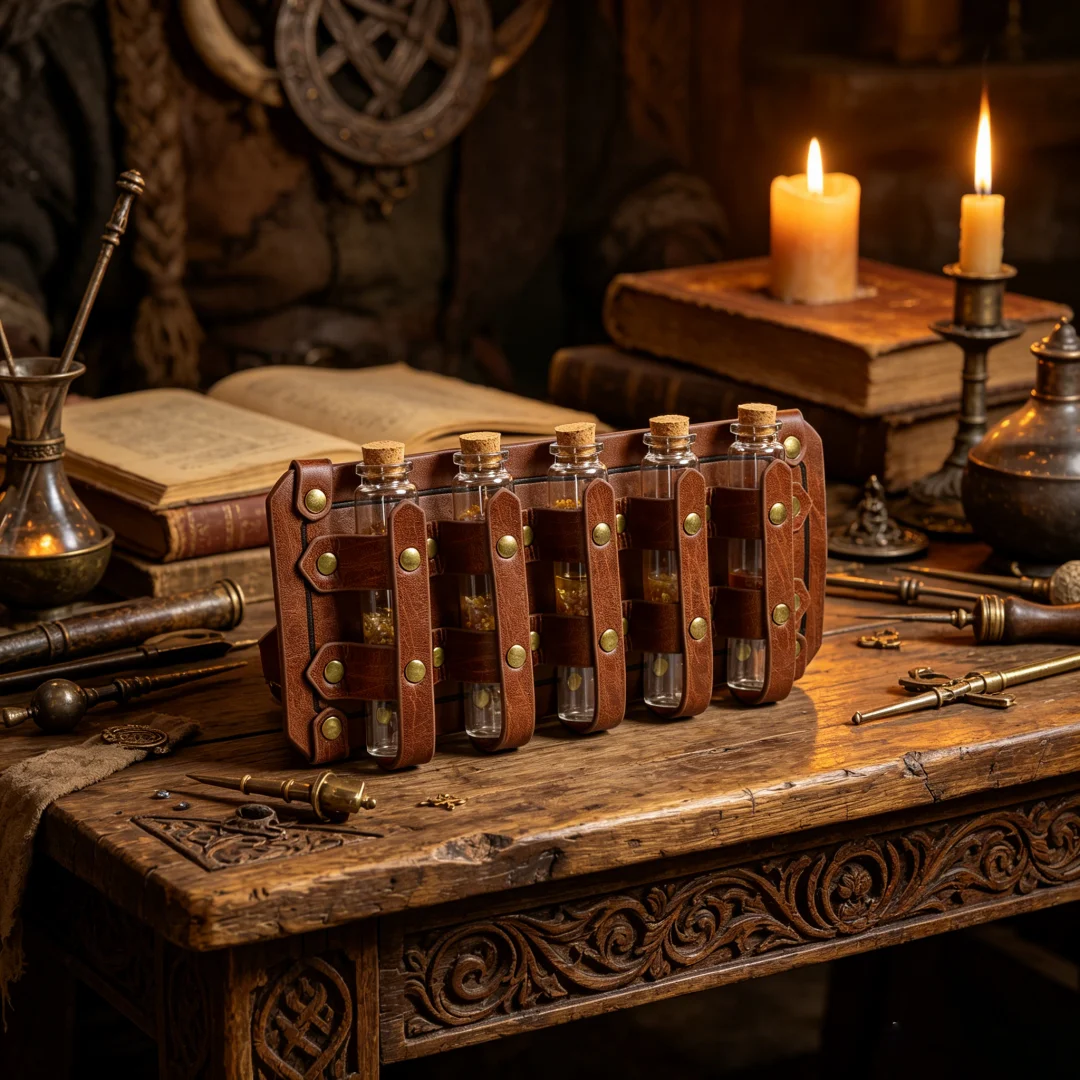 UYEE Medieval Leather Vial Holder Waist Sash, Alchemy Potion Bottle Carrier for LARP Viking Cosplay Belt