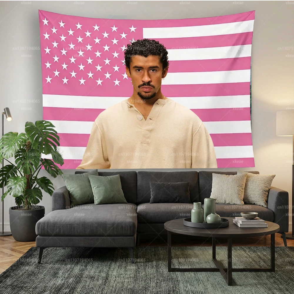 Bad Bunny Pink American Flag Tapestry, Flat Print Singer Wall Hanging, Latin Pop Star Merch for Bedroom Dorm & Fan Gift