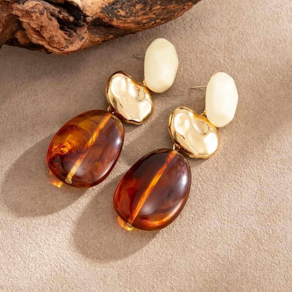 Irregular Resin Drop Earrings Tiered Long Drop Statement Dangle Earrings Three Section Hammered Texture Amber Drop Earrings