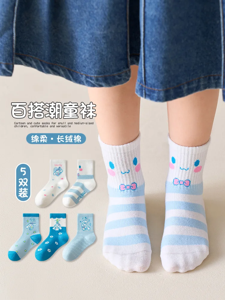 5Pcs Kids Socks Sanrio Kids Socks Hellokitty Cinnamoroll Melody Kuromi Anime Sock Spring Autumn Winter Soft Breathable Girl Gift