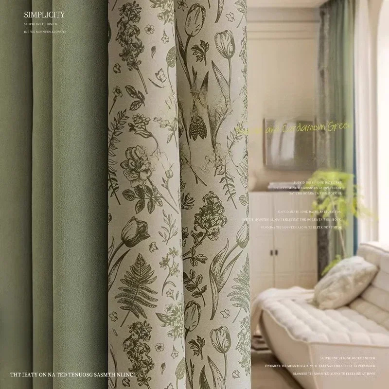 

Fashion French Chenille Spliced Blackout Matcha Green Luxury Curtains for Living Room Bedroom Dining Decor Window Custom Size