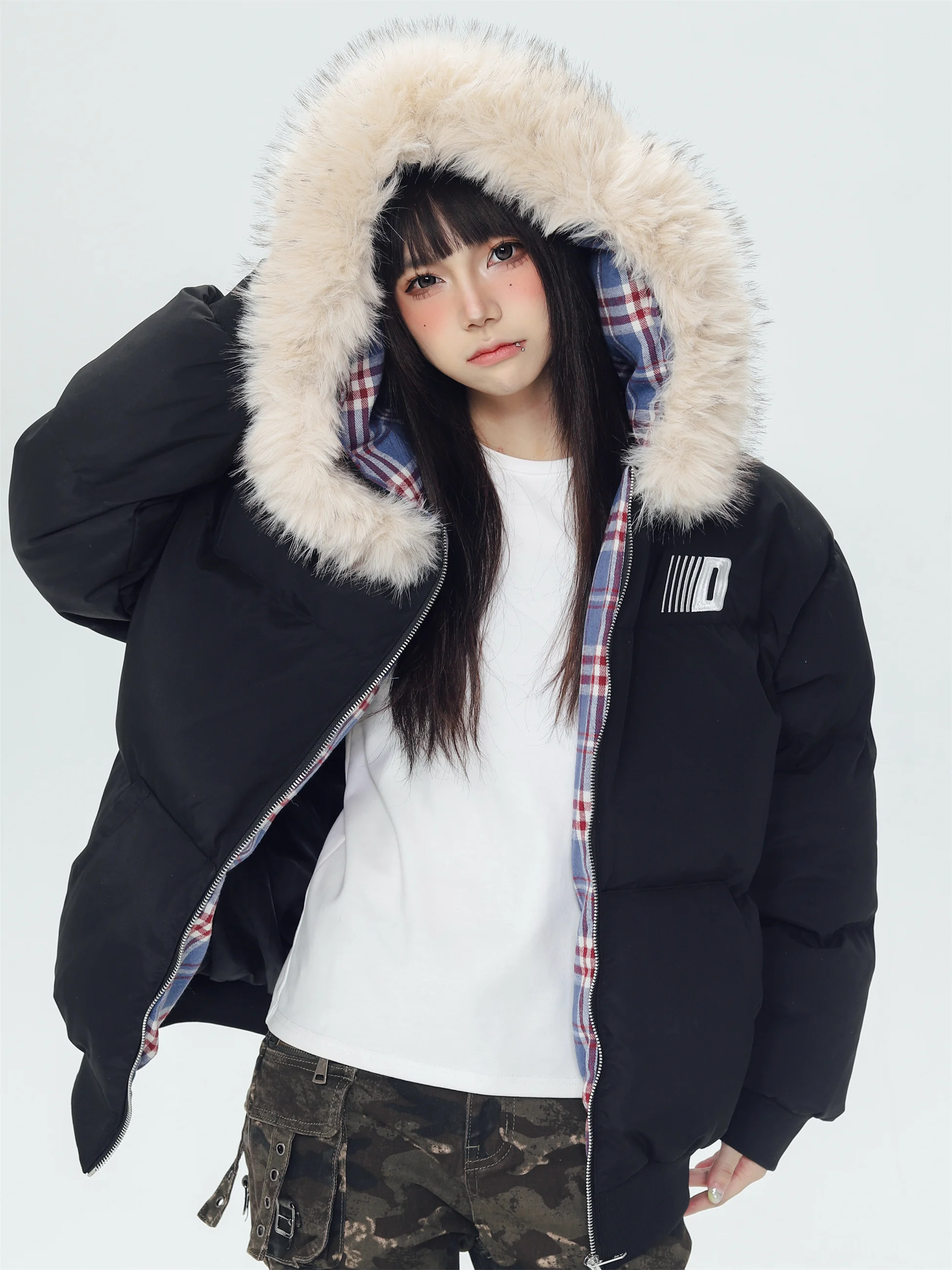 

KESOAK American Plaid Splicing Fur Collar Detachable Hooded Cotton Jaet Autumn Winter Thi Warm Loose Versatile Outerwear