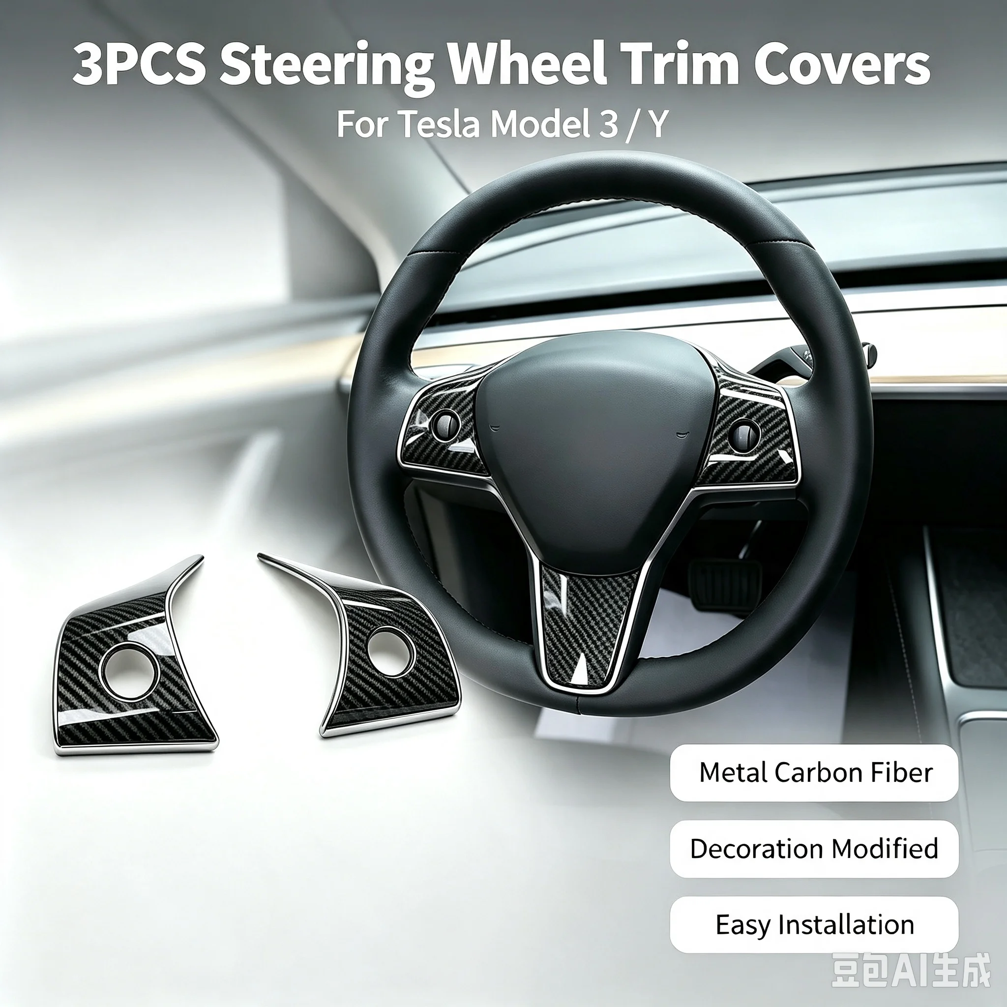 Tcart Car Accessories For Tesla Model 3 Y New Metal Carbon Fiber 3pcs Steering Wheel Trim Covers Decoration Modified