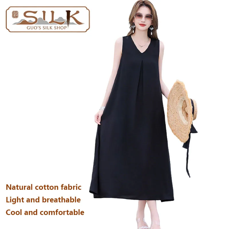 

Women's Cotton Silk Dress Sleeveless V-neck Long Dress Simple and Elegant Beach Casual Homewear Sleeping Dress Summer