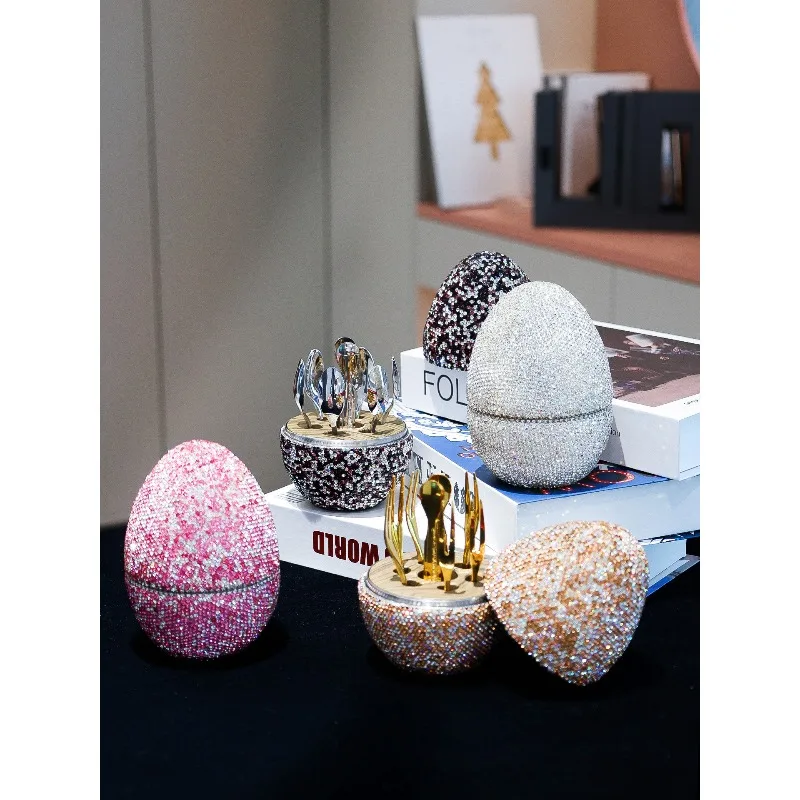 Light luxury diamond-encrusted tableware egg fruit fork dessert spoon set home high-end fruit stick stainless steel magic egg
