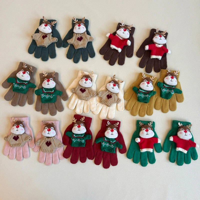 

2025 Christmas Children's Gloves Santa Claus and Reindeer Full-Finger Gloves for Boys and Girls, Warm Five-Finger Holiday Gloves