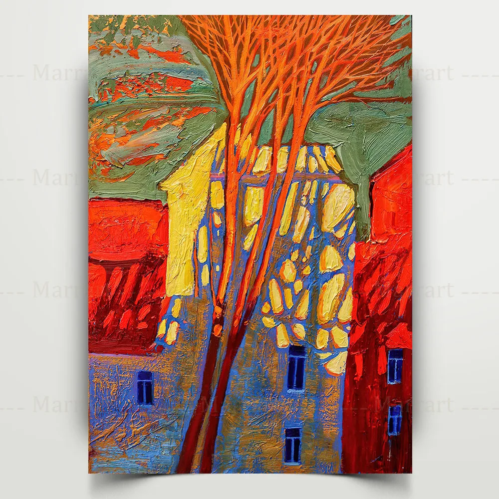 Plants And Buildings Projection Wall Art Canvas Painting Colorful Tree Landscape Poster Windows PictureFor Livingroom Home Decor