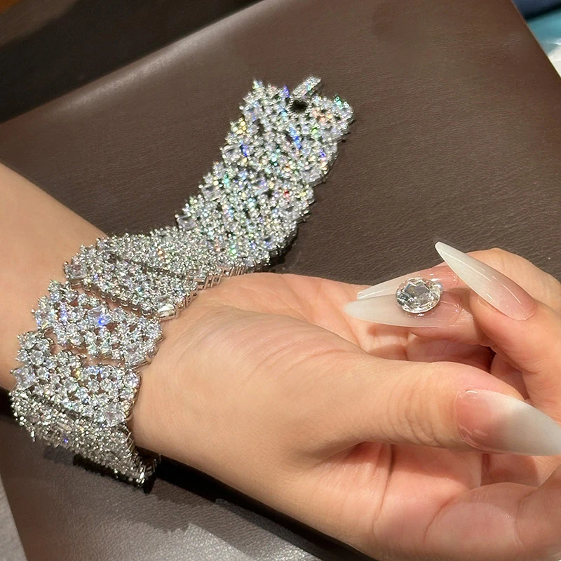 Shiny rhinestone wide round zircon bracelet hand chain wedding luxury accessory craft for wome jewelry