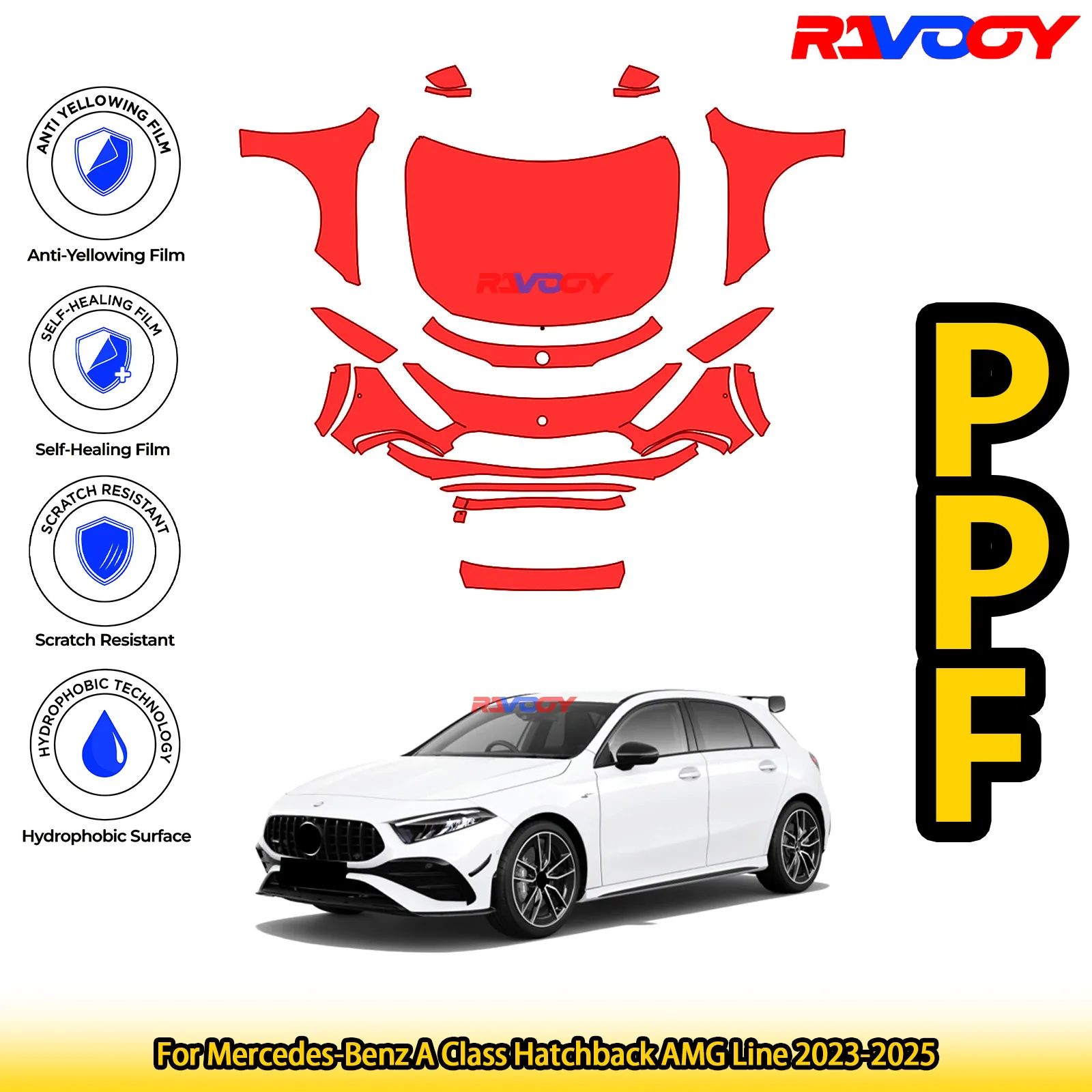

For Mercedes-Benz A Class Hatchback AMG Line 2023-2025 Glossy Matte Black Precut front PPF Kit Paint Protection Film