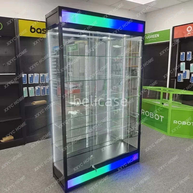 customized, smoke shop glass showcase with color light retail boutique store display cabinet tobacco shop display furnitur