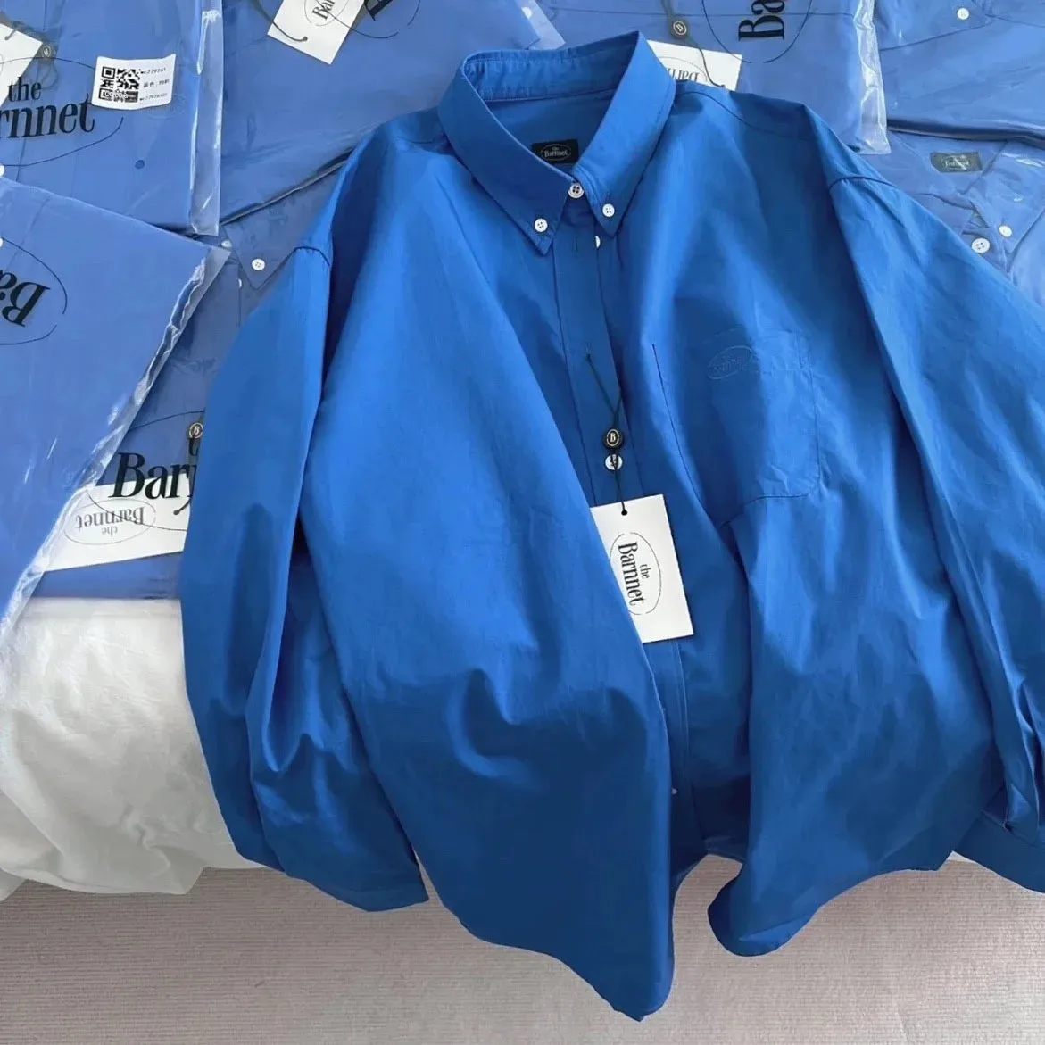 In-Stock Dongdaemun Barnnetshirt Solid Color Loose-Fit Base Shirt With Lapel For Women Eight-Milk Blue Button-Up Blouse