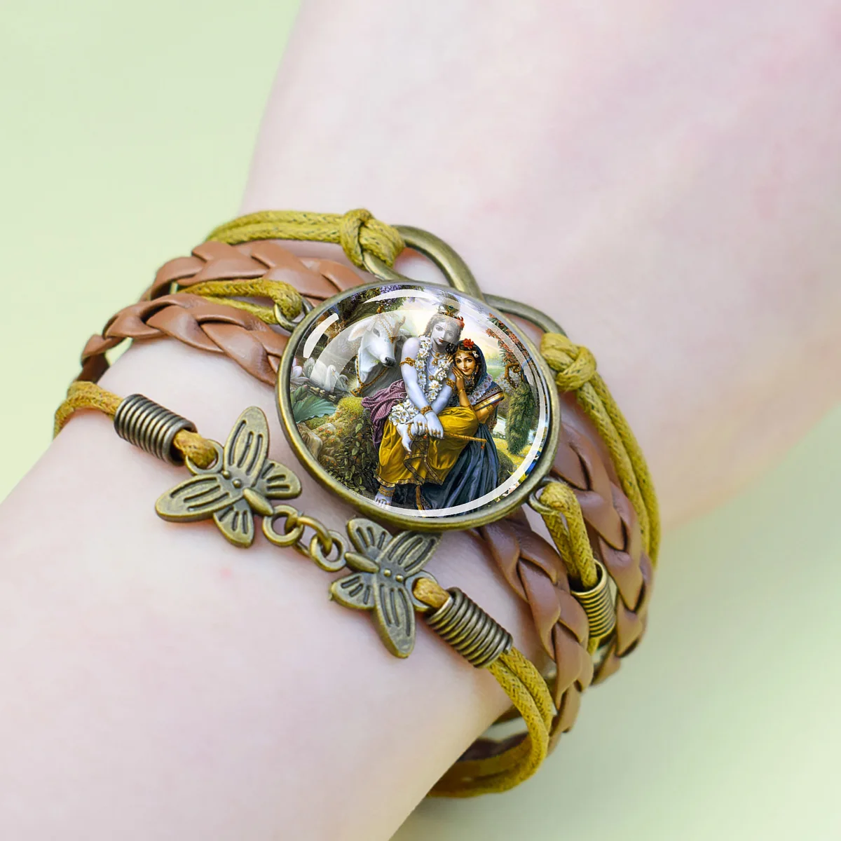 1PC Hindu Deity Krishna Braided Leather Cuff Bracelet Indian Spiritual Blessing Wristband