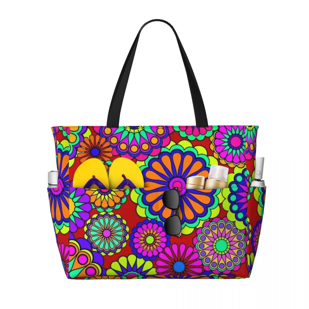 Flower Power-Bolso de mano de estilo Retro Hippy Flowers para playa, bolso de hombro deportivo para compras con personalidad, patrón multiestilo