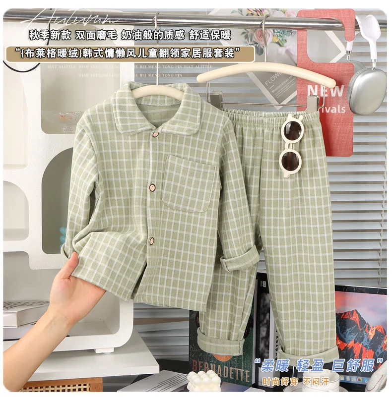 Langarm-Langhosen-Mädchen-Pyjama, kariertes Loungewear-Set, Herbst-Winter-Loungewear, dickes zweiteiliges Set, Pyjama mit Kragen für Kinder und Jungen – Detail 11