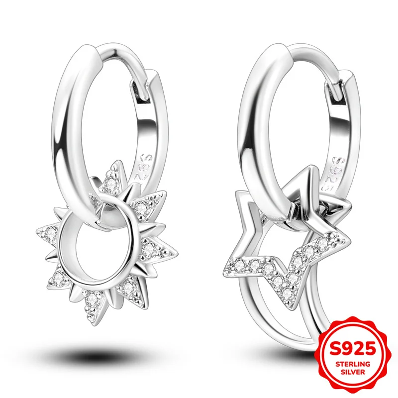 

100% 925 Sterling Silver Earrings Women Asymmetrical Sun Moon And Star Hoop Earring For Anniversary Wedding Jewelry Gifts