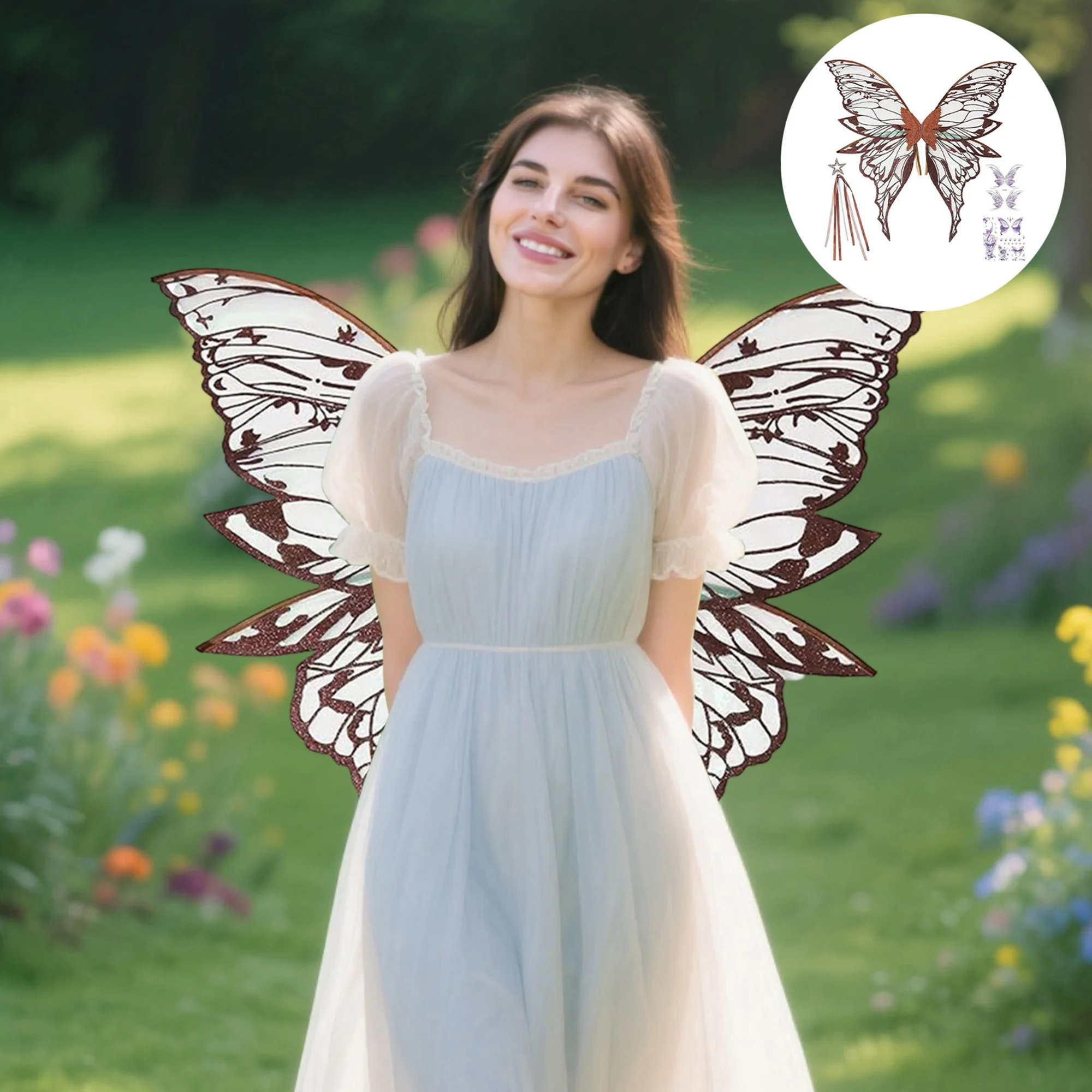 여아용 요정 공주 코스튬 세트, 반짝이는 나비 날개, 마법 지팡이, 왕관 포함 할로윈 드레스업 키트 (어린이용)