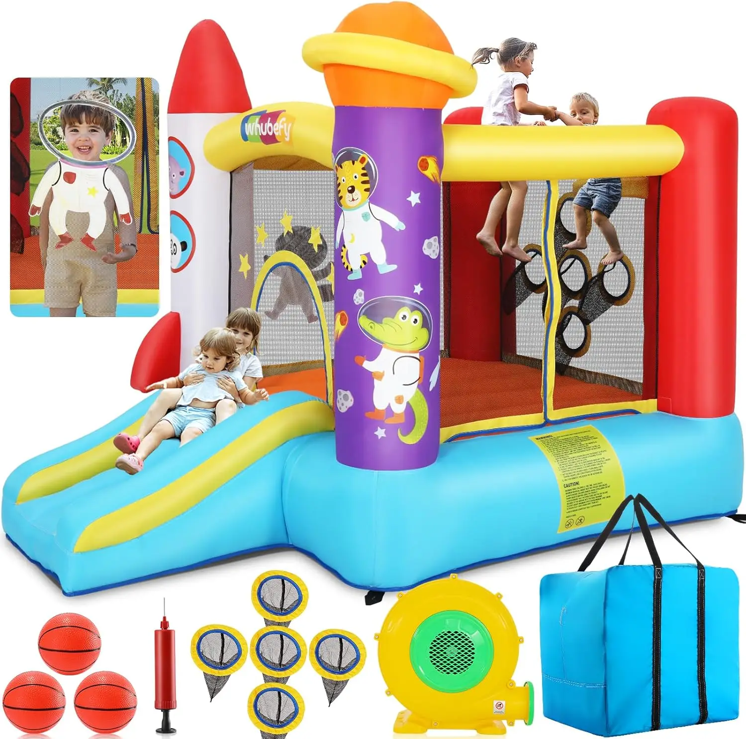 Inflatable Bounce House for Kids 3-6 Space Rocket-Themed Bouncy Castle with Ball Toss Game, Animal Astronaut Cosplay, Slide