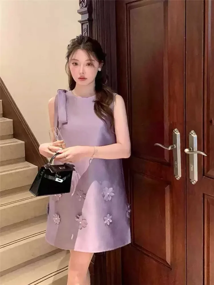 Celebrity Lady Elegant 3D Flower O Neck Mini Dress Summer Fashion Beige Purple Party Dress Holiday Sleeveless Short Tank Dress