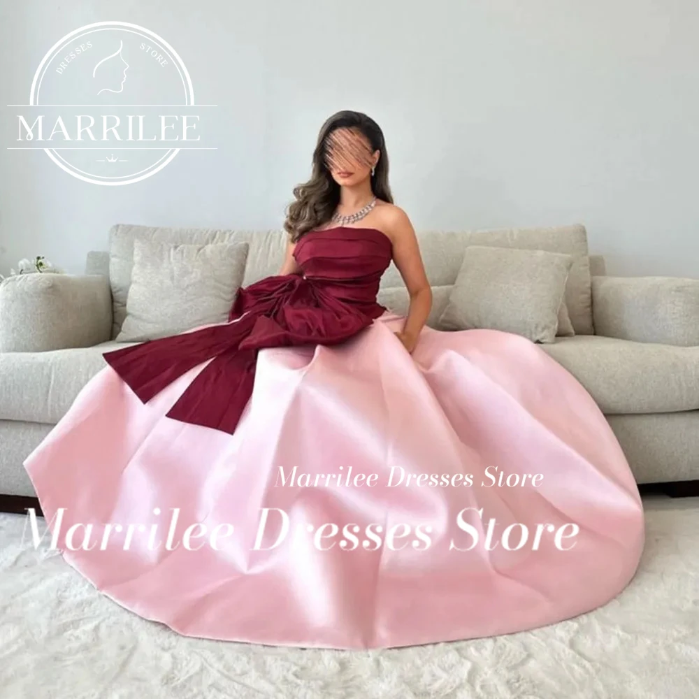 Marrilee Customized Elegant Rose Contrasting Color Stain Prom Gowns Strapless Bow Floor Length A-Line Sleeveless Evening Dress