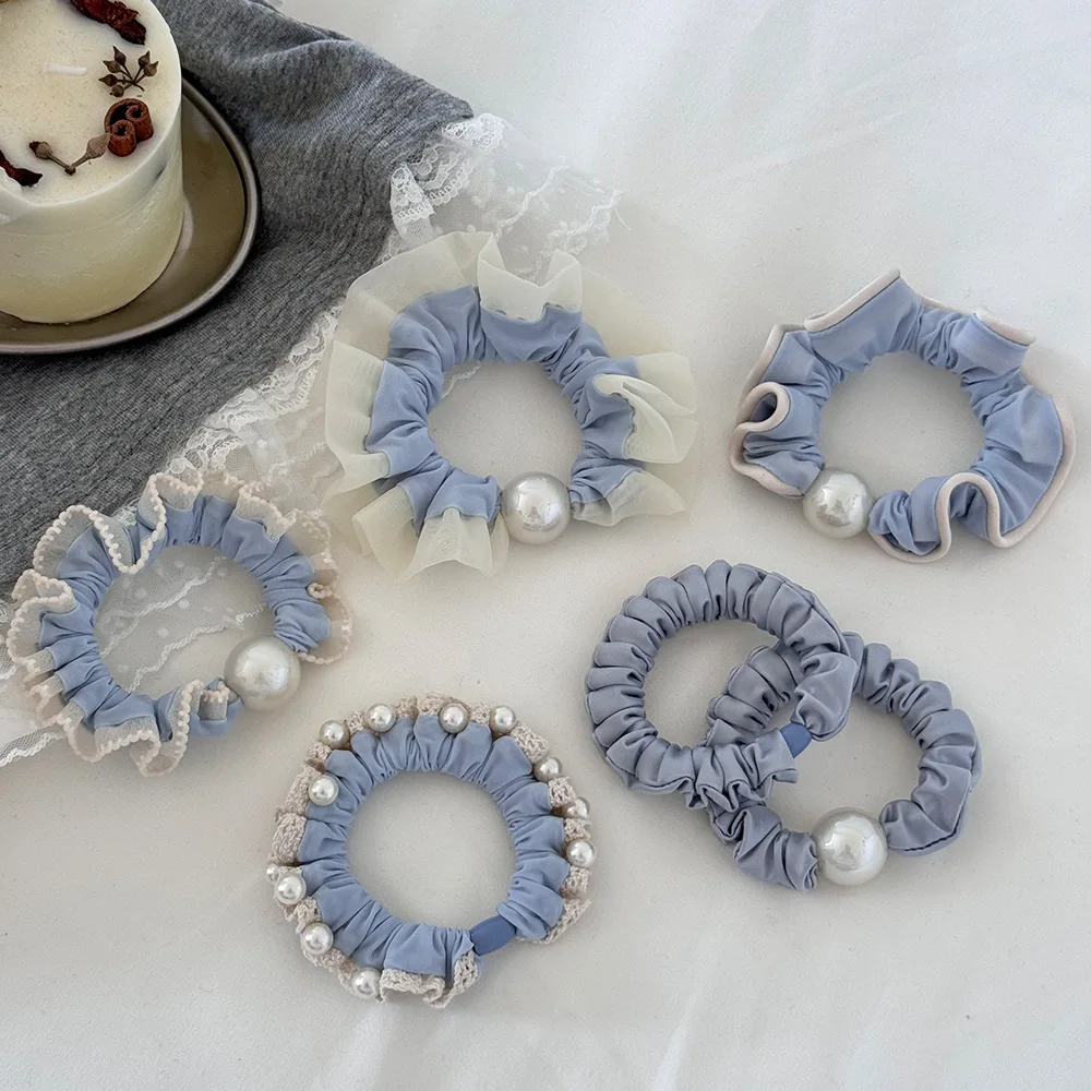 Nueva máscara suave y cómoda con borde de encaje azul sal marina, banda para el cabello de seda helada para el intestino delgado, joyería para el cabello con perlas simples y a la moda