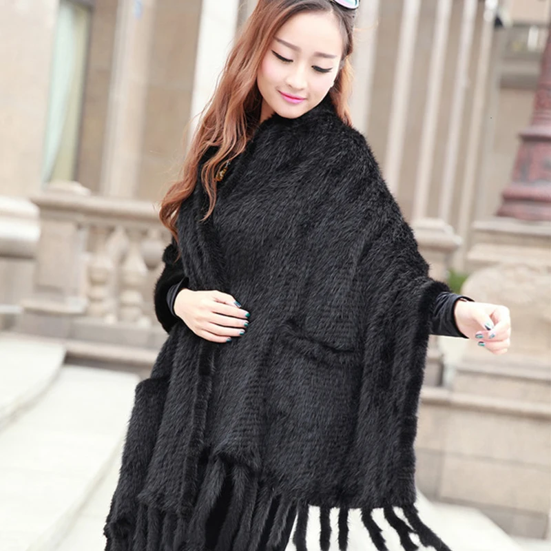 Real Mink Fur Shawl Scarf Women Fashion Fur Poncho Was Knitted With Mink Fur Black Scarves Scarf Long Soft Warm Fur Scarf Shawls