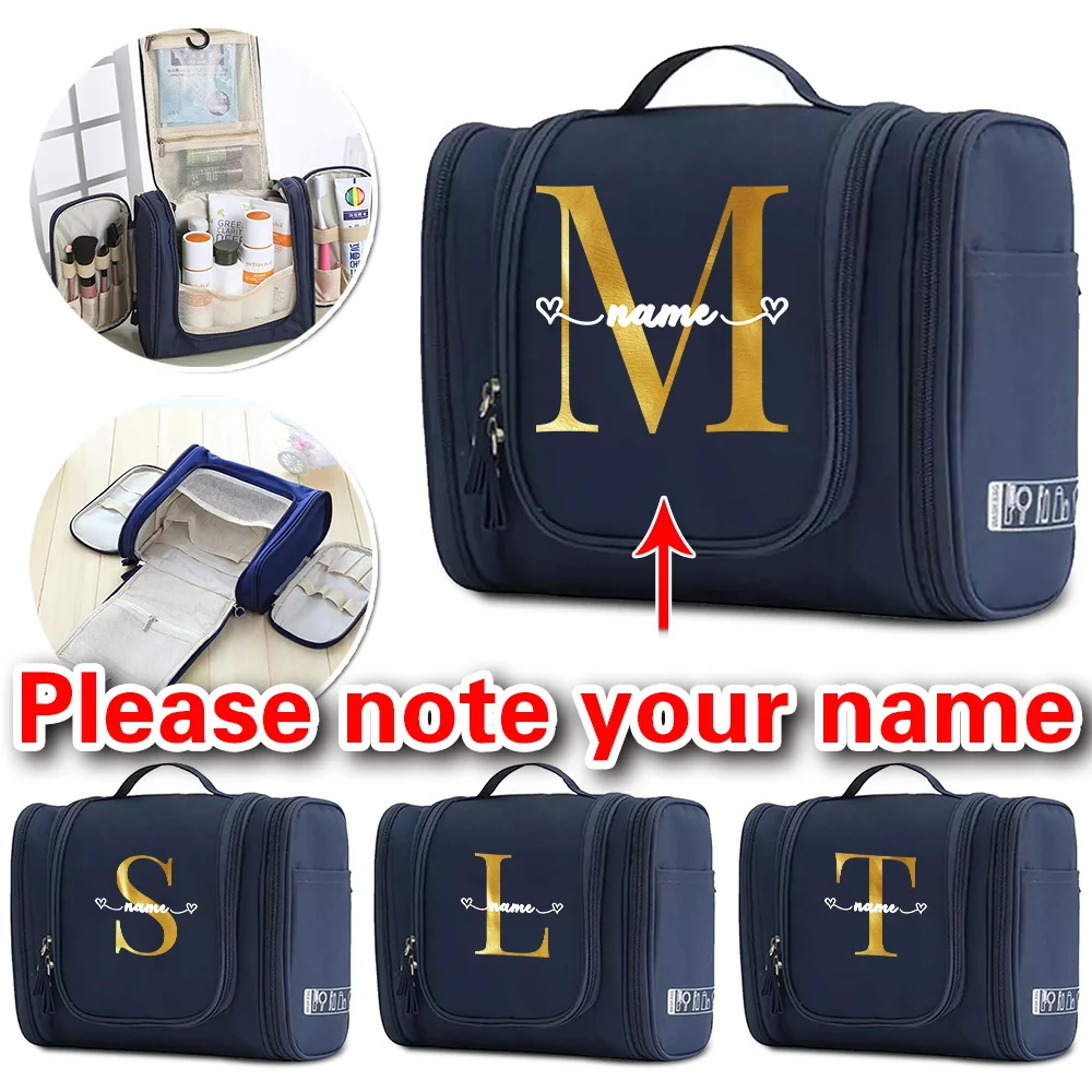 

Customizable Name Women's Blue Makeup Bag Makeup Storage Function Hanging Makeup Bag Travel Large Capacity Handbag Letter Series
