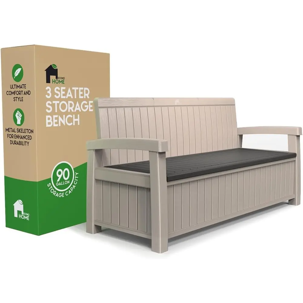 

EconoHome 3 Seat Outdoor Storage Bench - 90 Gallon acity - Weatherproo Resin Bench or Patio, Porch, Garden, Yard, Pool Area - ur
