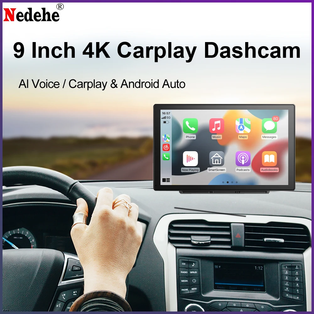 9.0 Inch Dash Cam 4K ADAS Wireless CarPlay Android Auto Car DVR GPS Navigation Siri Voice Control Dual Recording Video Recorder