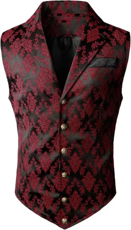 Herren Viktorianische Blumen-Jacquard-Weste mit Revers, Einreihig, Schmale Passform, Anzugweste für Formelle Anlässe, Hochzeiten, Partys, Business, Verschiedene Farben – Detail 3