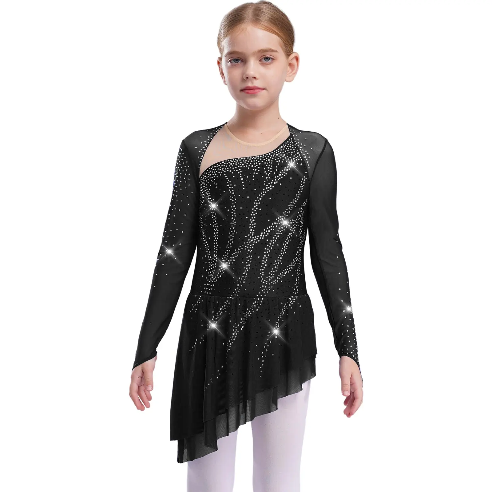 Mädchen Gymnastik Eiskunstlauf Modernes Ballett-Trikot Lyrisches Tanzkostüm Transparentes Netz Glitzernde Strass-Leotards Kleid – Detail 16