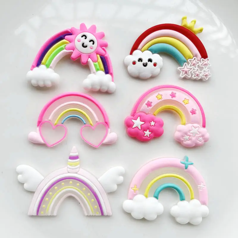 10pcs Beautiful Cloud Cartoon Rainbow Series PVC Soft Adhesive Flat Bottom DIY Clipbook Decoration Mobile Phone Craft Decoration