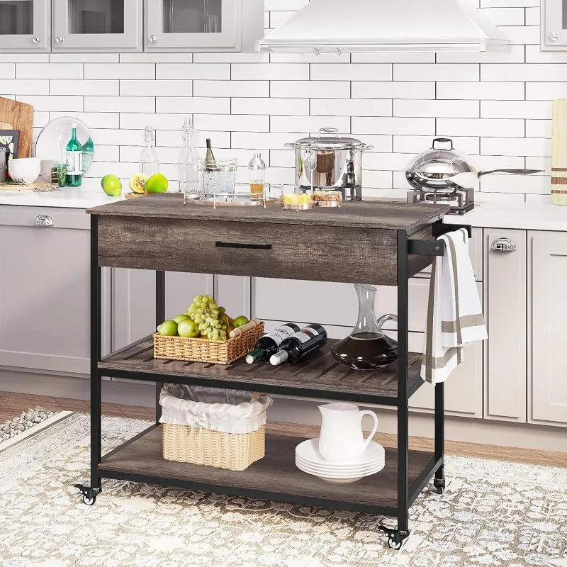 Kitchen Island on Wheels, Rolling Kitchen Cart with Storage Drawer and Towel Rack, Utility Shelf Microwave Stand Cart