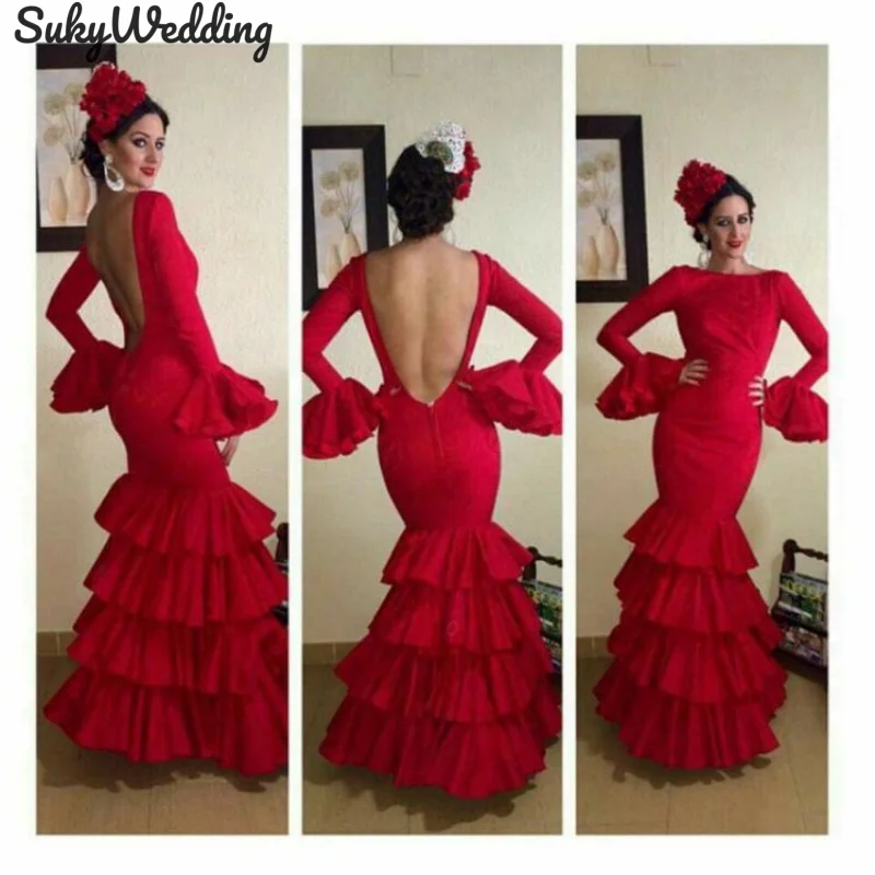 Red Mermaid Spanish Flamenco Prom Dresses with Long Flare Sleeves Backless Mesh Sexy Evening Formal Occasion Dresses Customized