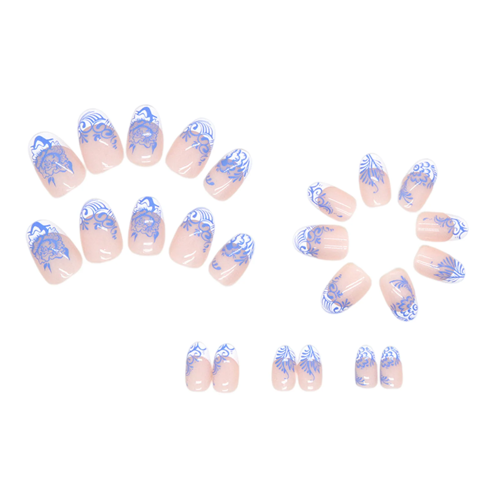 White Edge Decor Blue and White Porcelain False Nails Natural Unbreakable Nail Simple Wear for Daily and Parties Wearing