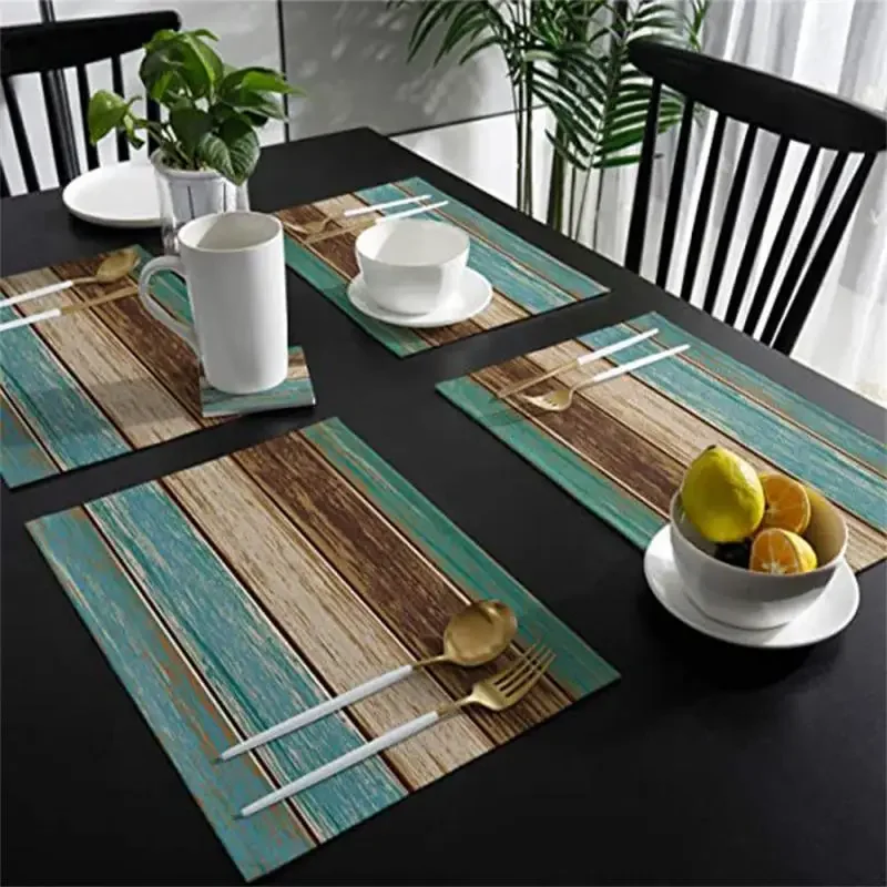 Farmhouse Wood Texture Table Runner Placemats Combination Set Wedding Party Event Dining Table Decoration Hotel Home Tablecloth