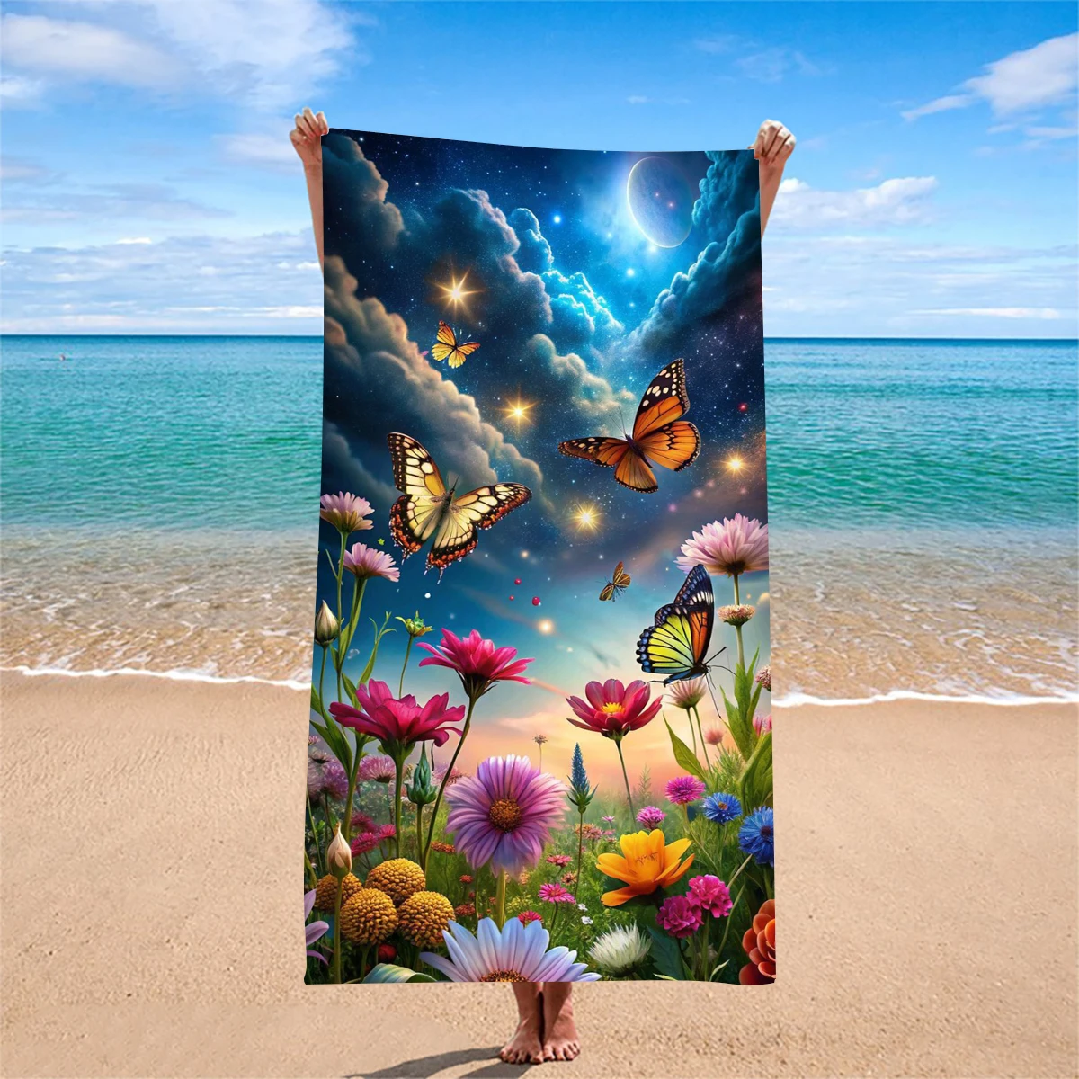 1PC Dreamy Star Moon Flower Sea Butterfly Beach Towel Romantic Atmosphere Quick Dry Swimming Bath Towel