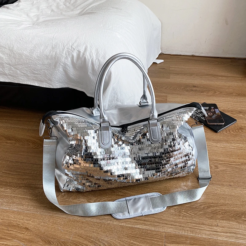 Large Capacity Fashion Sequin Travel Tote Bags Women High Quality Trendy Crossbody Bags Shiny Glitter Shoulder Bag for Traveling